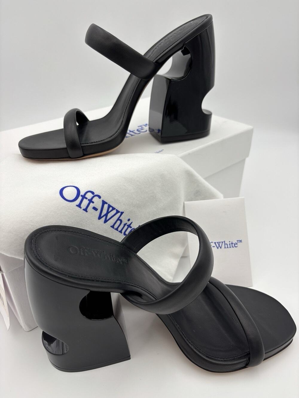 Authentic Off-White Meteor Sandals Black Leather Cut Out Block Heel Size 39 / 9